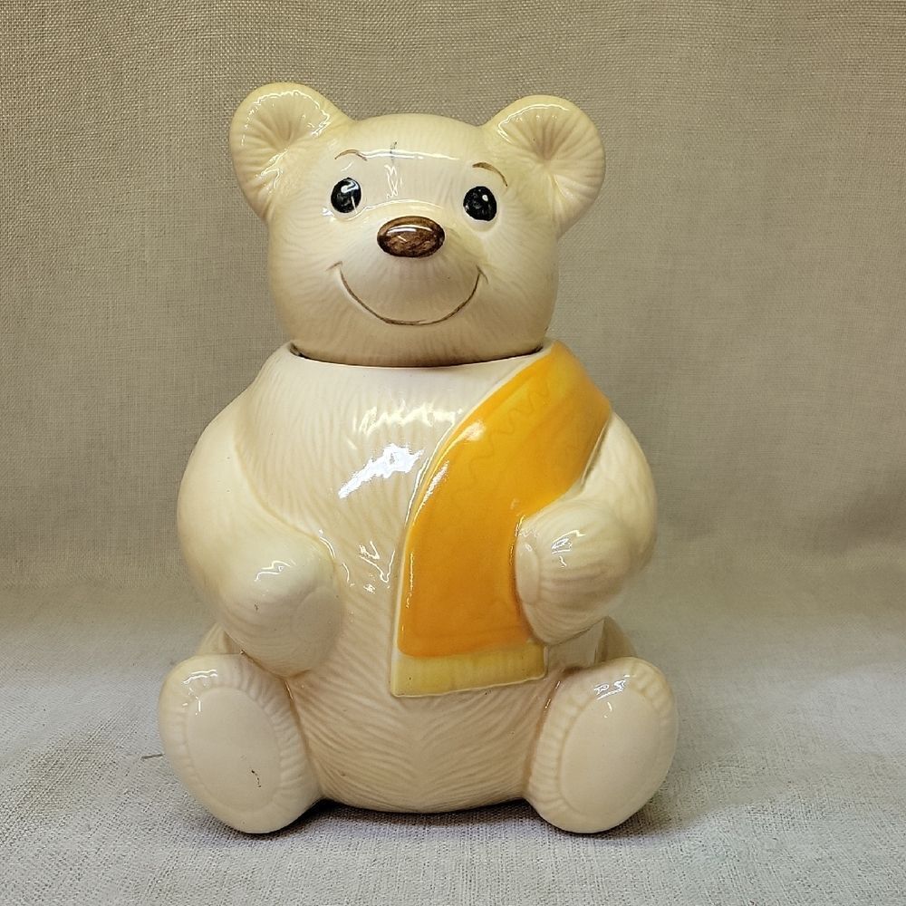 Vintage Metlox Porcelain Bear Cookie Jar Yellow/ Cream With Scarf